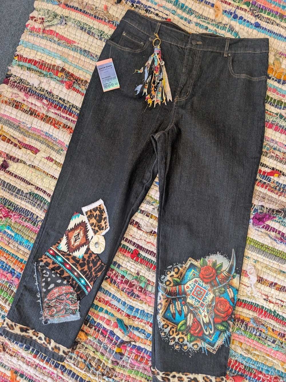 Embellished Black Women’s Jeans with Southwestern Patchwork